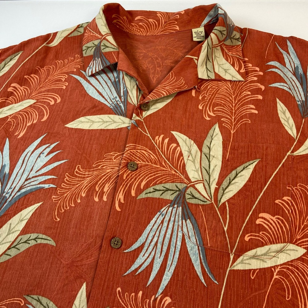 Tommy Bahama Mens L Orange Silk Hawaiian Button Up Shirt Tropical Leaf Pocket